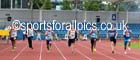 360 Elliott Hurley (City of Sheffield) wins from 390 Reece Sims (Derby AC) 2nd and Jack Hepple (Morpeth) 3rd in the under-20 mens 100 metres, Northern Senior and Under-20 Champs., Sport City, Manchester. Photo: David T. Hewitson/Sports for All Pics